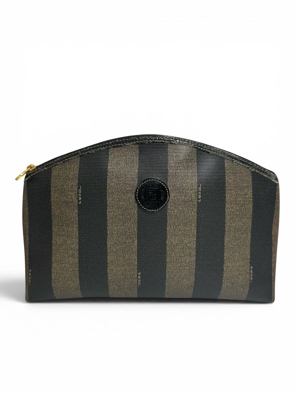 FENDI Black & Tan Pequin Striped Coated Canvas Leather Dome Clutch Pouch